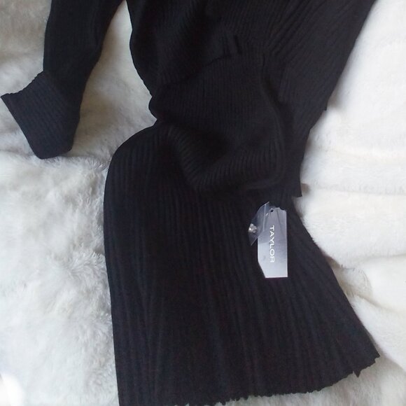 🎀TAYLOR Onyx Mini Sweater Dress w/Faux Fur Collared Cardigan Set  (L) NWT - Picture 2 of 11